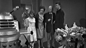 The Tardis Crew examine the Dalek exhibit.  Barbara lucked out in the costume department